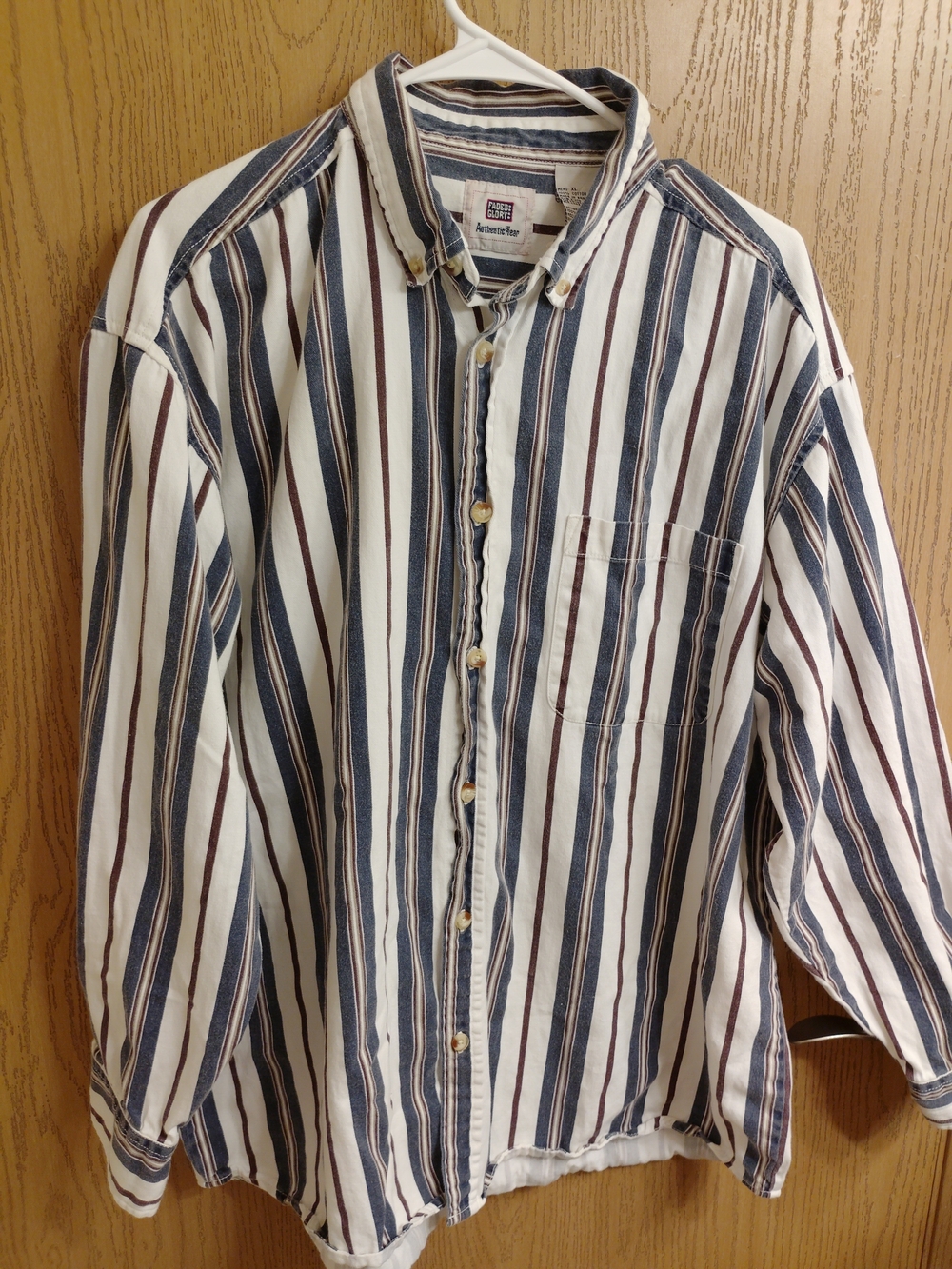 Faded Glory White Button-Down Shirt with Navy & Brown Stripes